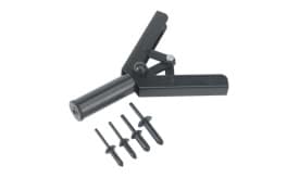 Rivet gun tool featuring a black handle and four black rivets, designed for fastening materials together.