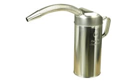 Metal oil can with a flexible spout, designed for precise pouring and refilling of oils and liquids, featuring a sturdy handle.