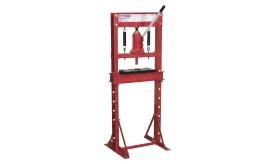 Sealey 20 ton hydraulic workshop press for metalworking and repairs, featuring a robust red frame and hydraulic jack.