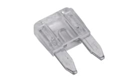 Clear automotive blade fuse with two metal prongs, rated at 10A, suitable for various electrical applications.