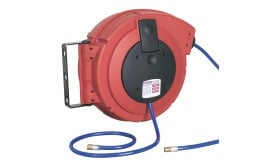 Retractable air hose reel with 15m blue hose, wall-mounted, suitable for various air tools and equipment.