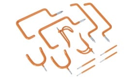 A collection of orange screw hooks and stakes for securing items, featuring various shapes and sizes for versatile applications.