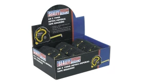 Sealey 5m metric and imperial tape measures in a display box, featuring a black and yellow design for easy measurement.