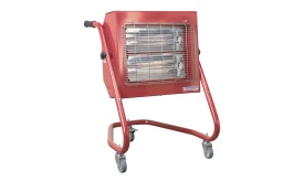 Sealy portable electric heater with wheels and protective grill, ideal for heating spaces efficiently.