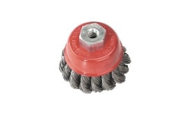 Wire cup brush designed for power tools, featuring durable steel bristles and a sturdy mounting nut for effective cleaning and surface preparation.