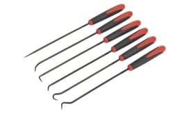 Set of six precision hook tools with ergonomic red and black handles, ideal for intricate tasks and detailed work.