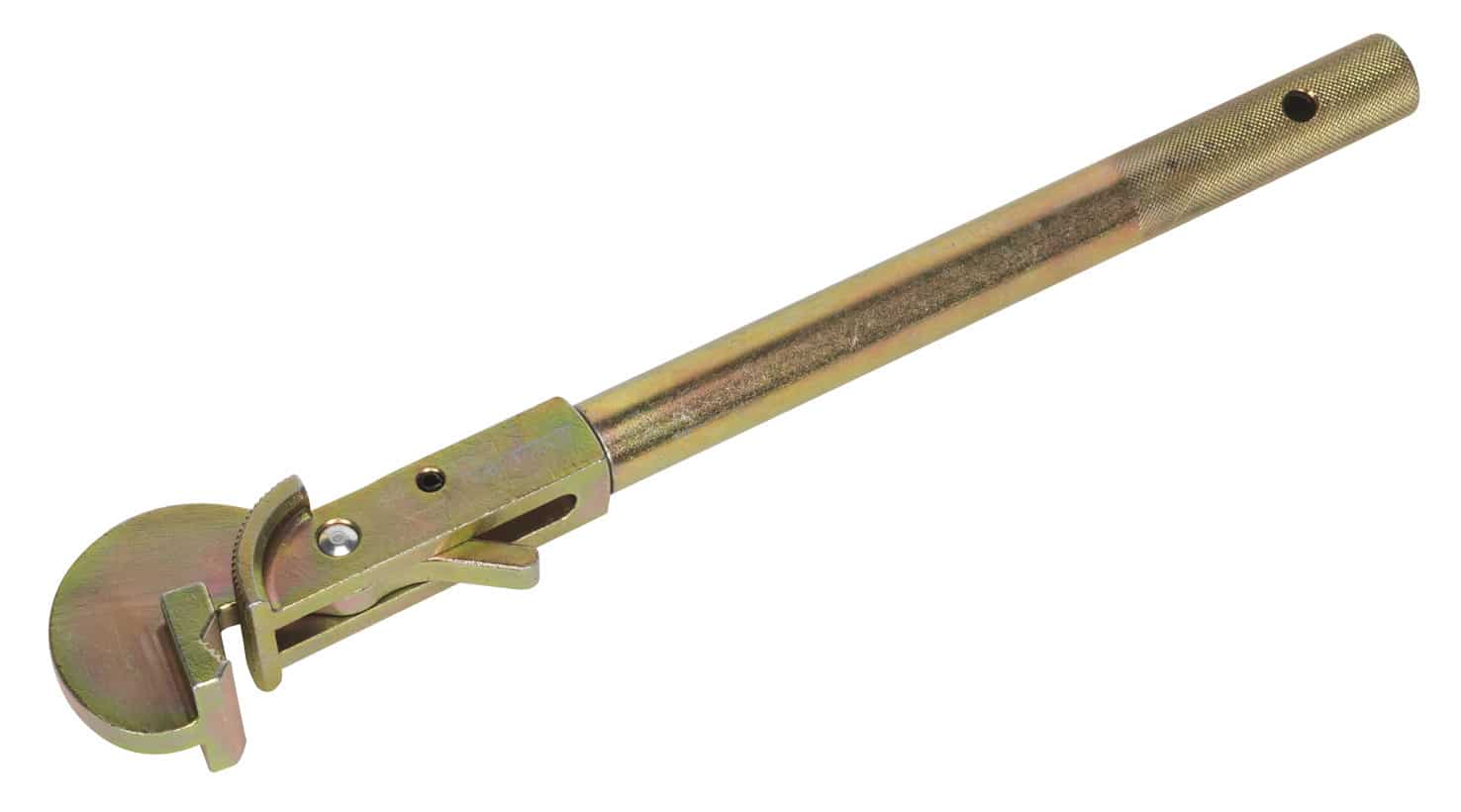 Adjustable pipe wrench with a metallic finish, designed for gripping and turning pipes and fittings.