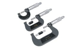 Three precision micrometers with varying measurement ranges, ideal for accurate thickness measurement in engineering and manufacturing.