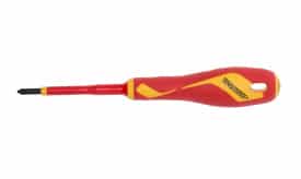 Teng Tools insulated screwdriver with a red and yellow handle, designed for safety and comfort during electrical work.