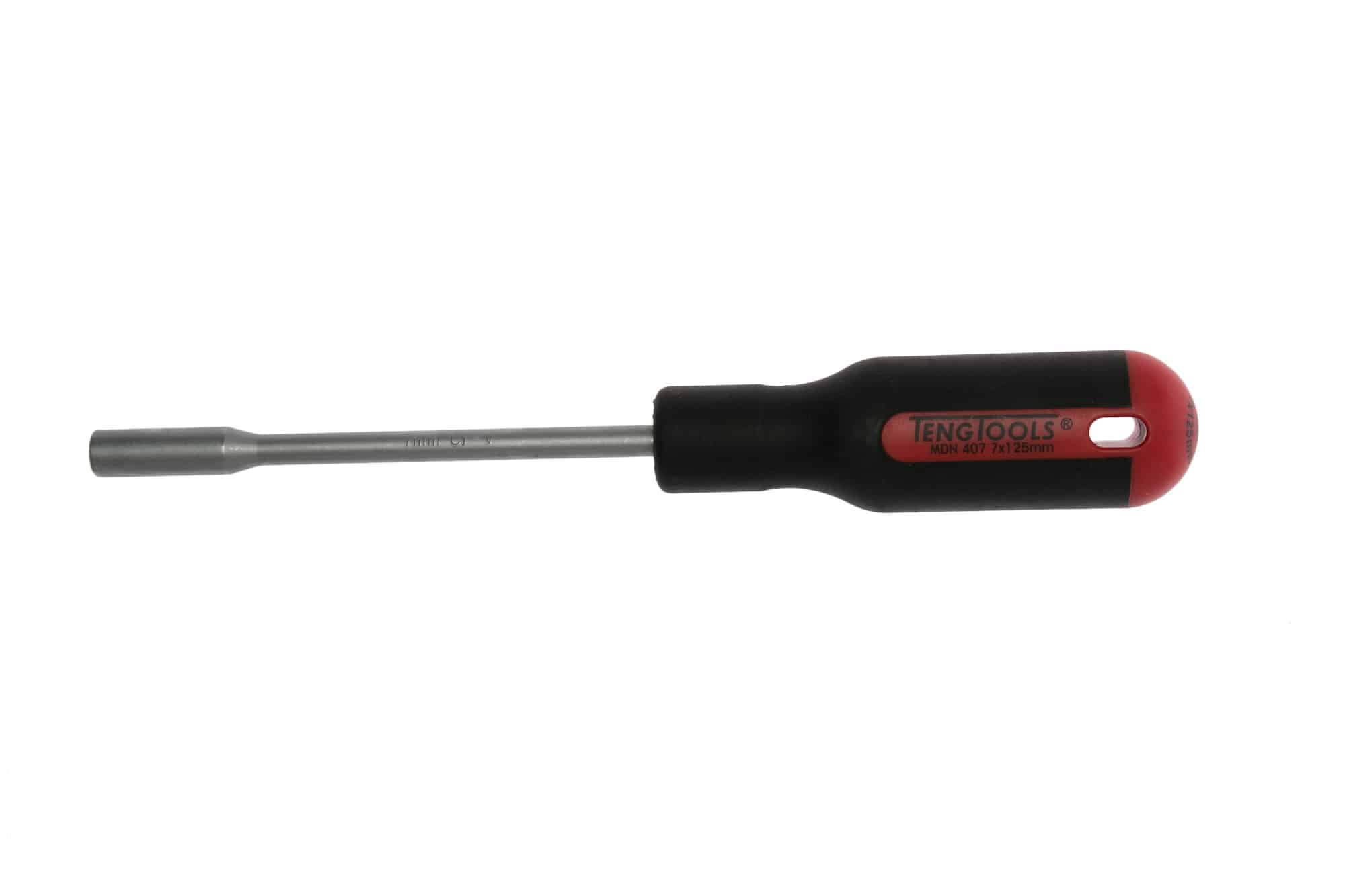 Teng Tools screwdriver featuring a red handle and a chrome-plated steel shaft, ideal for precision tasks and durability.