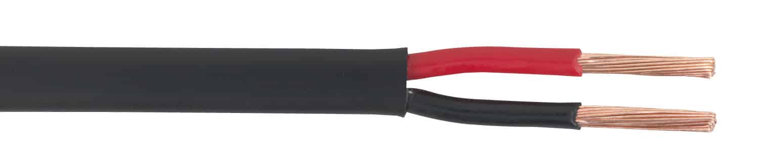 Copper wire with red and black insulation, suitable for electrical applications and wiring projects, showcasing two exposed copper strands.