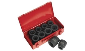 A comprehensive socket set displayed in a red toolbox, featuring various sizes of hexagonal sockets for automotive and mechanical tasks.