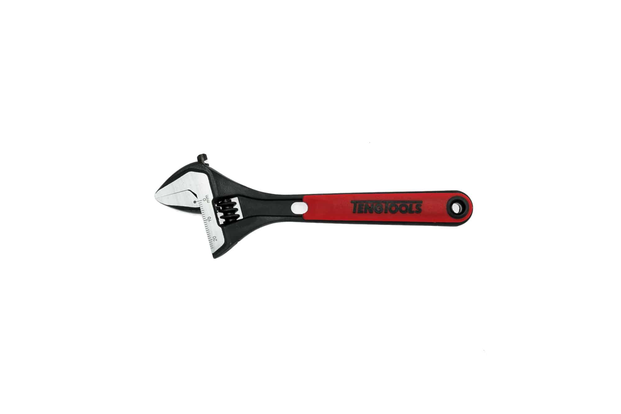 Adjustable wrench featuring a black and red design, suitable for various mechanical tasks and repairs.