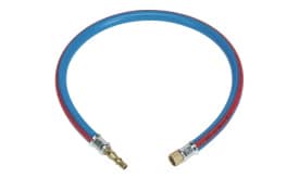 Blue and red refrigerant hose with brass fittings for HVAC applications, suitable for connecting refrigerant systems.
