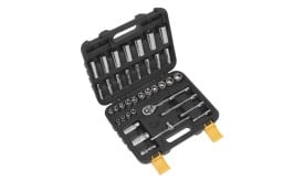 Comprehensive socket set with various sizes in a black carry case, ideal for automotive and mechanical tasks.