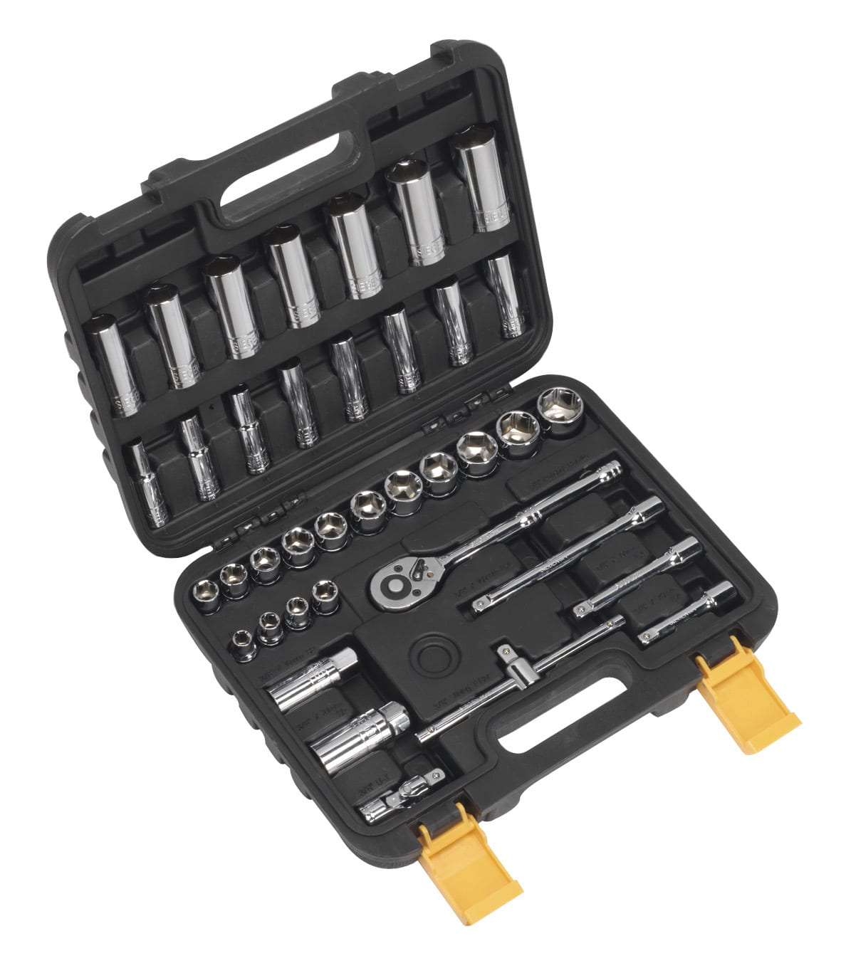 Comprehensive socket set with various sizes in a black carry case, ideal for automotive and mechanical tasks.