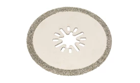 Diamond cutting disc featuring a circular design with a central hole and a diamond-coated edge for precision cutting.