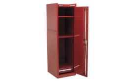 Sealey red storage cabinet featuring multiple shelves and a locking mechanism, ideal for organising tools and equipment.