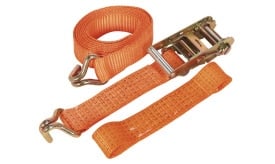 Heavy-duty orange ratchet straps with metal hooks for securing cargo, featuring durable webbing and a ratchet mechanism for tight fastening.