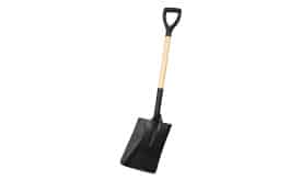 Heavy-duty garden spade with a black metal blade and wooden handle, ideal for digging and landscaping tasks.