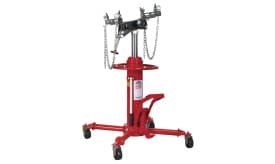 Heavy-duty engine hoist with adjustable chains and hydraulic lift, suitable for automotive repairs and engine installations.