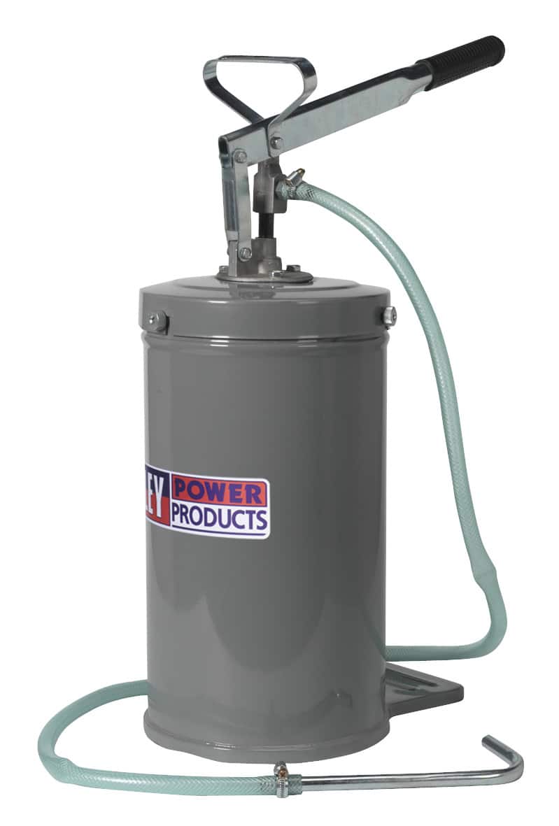 Manual grease pump with a lever handle and flexible hose for lubrication, designed by Power Products.