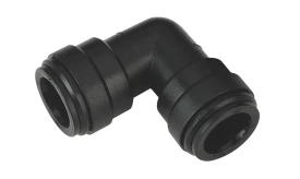 Black plastic elbow pipe connector for plumbing applications, featuring a 90-degree angle and secure fittings for reliable connections.