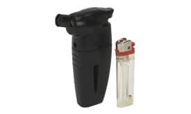 Black torch lighter alongside a standard disposable lighter, showcasing two types of lighters for various uses.