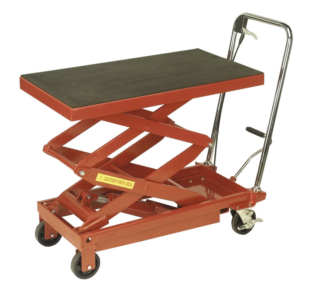 Hydraulic scissor lift table with a rubber surface and wheels for easy mobility, ideal for lifting heavy items.