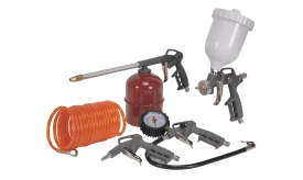 Air tool set featuring spray gun, pressure gauge, air hose, and various nozzles for efficient air compression tasks.