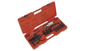 Comprehensive tool set featuring various sockets and a ratchet in an orange plastic case, ideal for automotive and mechanical repairs.