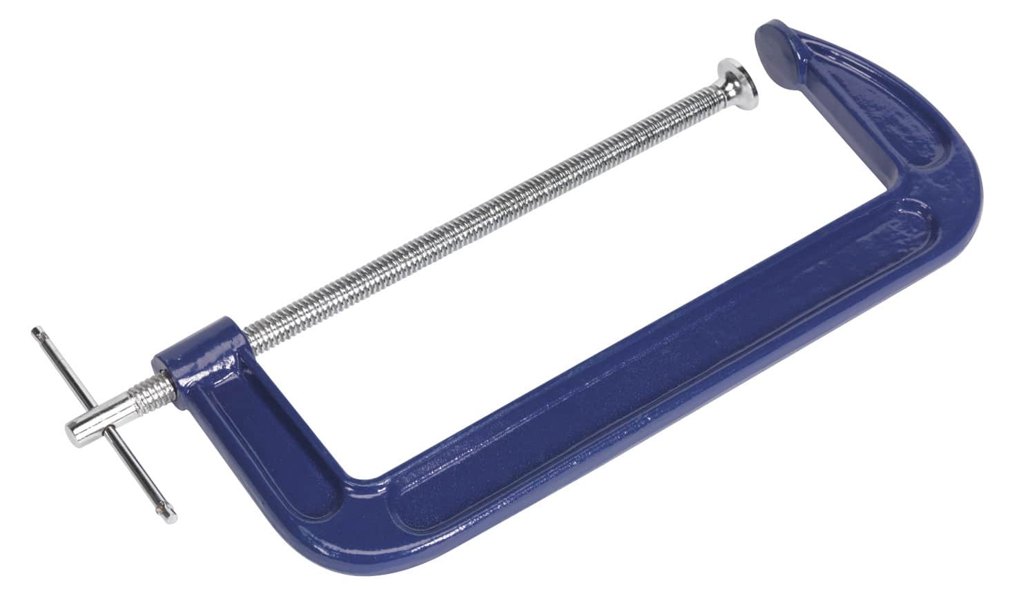 Heavy-duty C-clamp tool with a blue finish and metal screw for woodworking and metalworking applications.