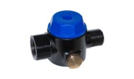 Adjustable pressure relief valve with a blue top and black body, designed for fluid control in various applications.