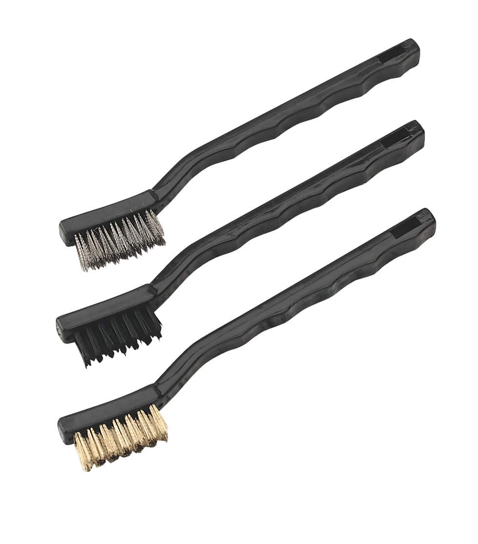 Set of three black cleaning brushes with different bristle types for various cleaning tasks and surfaces.