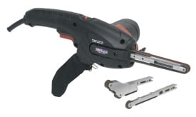 Electric belt sander with adjustable attachments for woodworking and sanding tasks, featuring a comfortable grip and powerful motor.