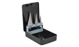 Step drill bit set featuring three conical drill bits in a black storage case, suitable for various drilling tasks.