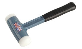 Rubber mallet with a blue handle and white striking faces, designed for various applications in woodworking and crafts.