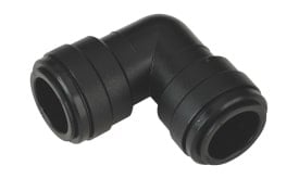Black plastic elbow pipe fitting designed for plumbing applications, featuring a 90-degree angle for connecting pipes securely.