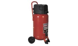 Sealey oil-free air compressor with wheels, suitable for various applications, featuring a robust design and portable functionality.