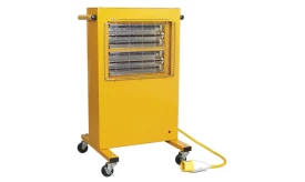 Portable electric heater on wheels with multiple heating elements and a power cord, suitable for various environments.