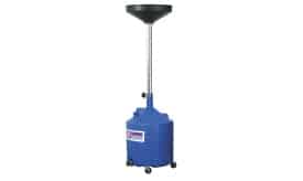 Blue oil drain with adjustable neck and wheels for easy mobility, designed for efficient oil collection and disposal.