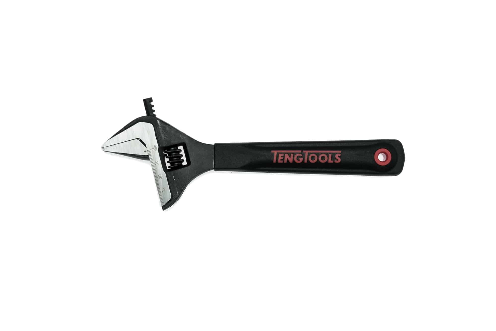 Teng Tools adjustable wrench with a black handle and chrome-plated jaws, ideal for various mechanical tasks.