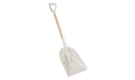 White plastic shovel featuring a sturdy wooden handle, designed for efficient digging and lifting tasks in various environments.