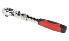 Adjustable ratchet wrench featuring a chrome finish and a red rubber grip handle for improved torque and comfort during use.