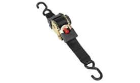 Heavy-duty ratchet strap featuring durable hooks for secure fastening and load securing, ideal for transportation and storage.
