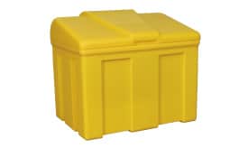 Durable yellow plastic storage box with a secure lid, ideal for organising items and maximising space in various settings.