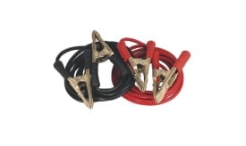 Heavy-duty jump leads with red and black cables and alligator clips for vehicle battery connections.