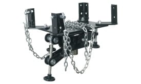 Heavy-duty trailer hitch assembly with chains and adjustable components for secure towing applications.