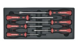 Premier screwdriver set featuring six tools with red and black ergonomic handles, stored in a plastic case for easy organisation.