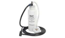 Sealey VS0205 pressure tester kit with a clear bottle, hose, and connector for automotive diagnostics and fluid testing.